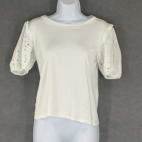Ann Taylor Tops - Ann Taylor White Eyelet Sleeve T-Shirt Top Womens Sz S Puff Sleeve Career Boho